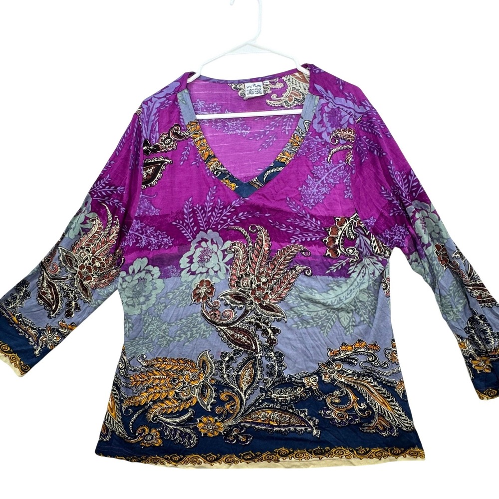 Parsley & Sage Top Womens XL / XXL Purple Paisley Floral V-Neck Boho Art to Wear
